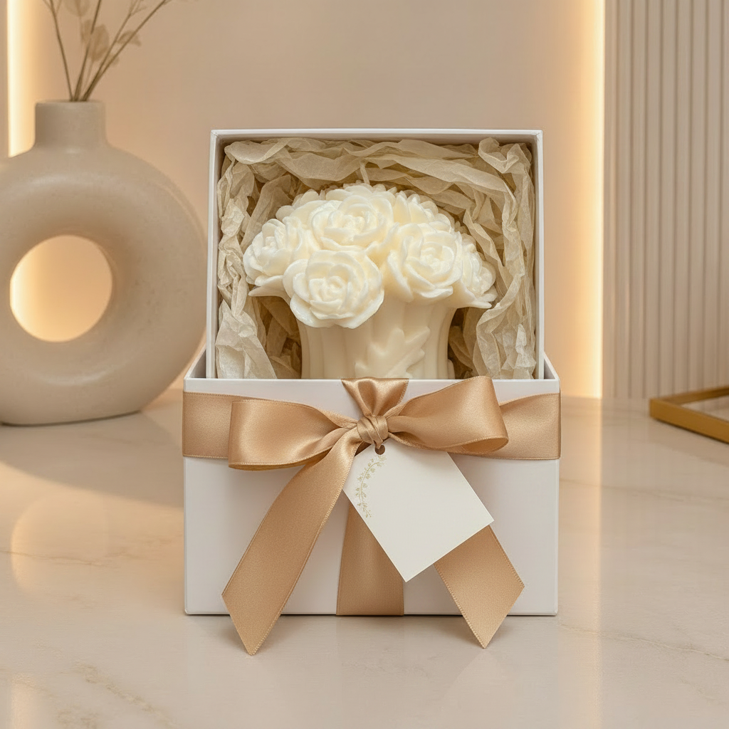 Rose Bouquet Sculptural Candle in luxury gift box with gold satin ribbon