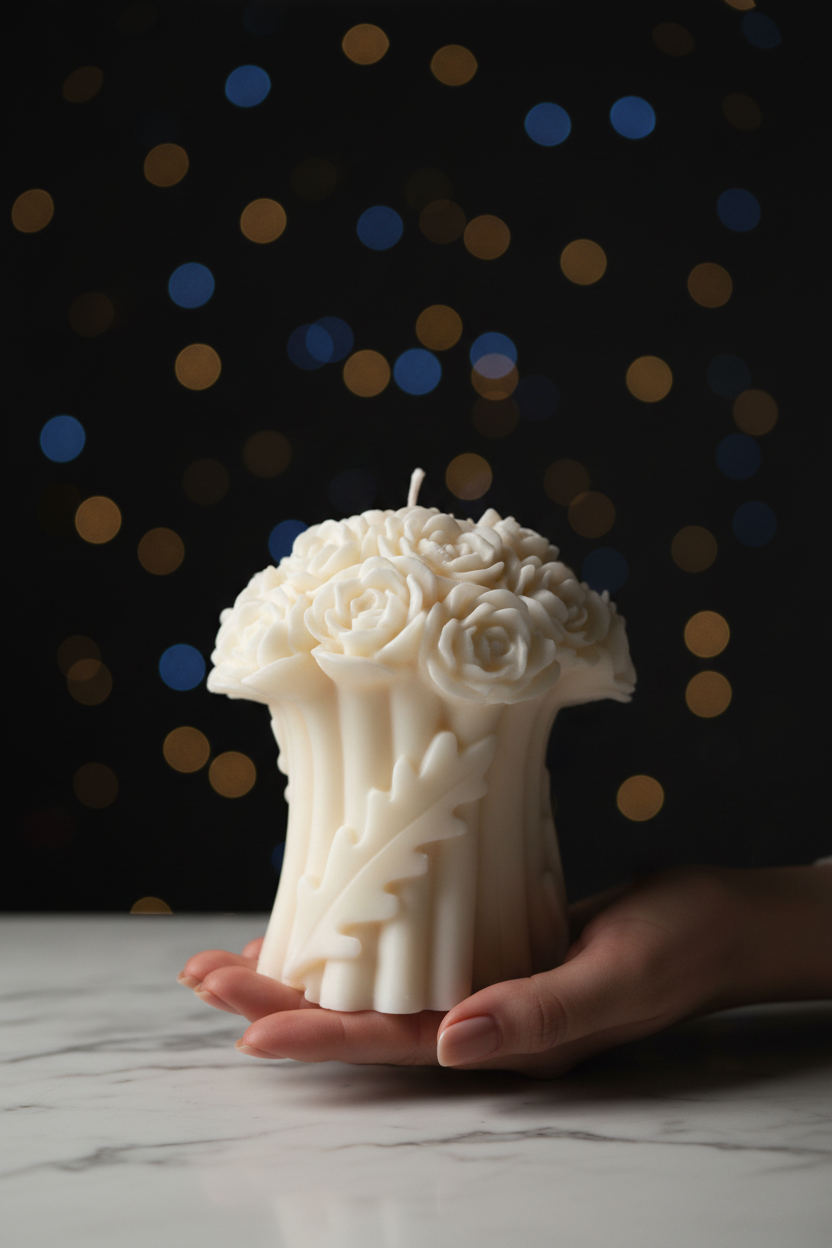 Rose Bouquet Sculptural Candle held in hand against bokeh background