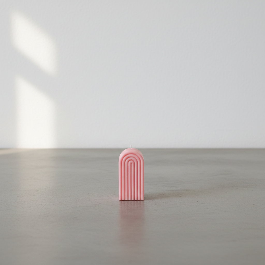 Small arch rainbow candle on grey concrete surface with white wall background