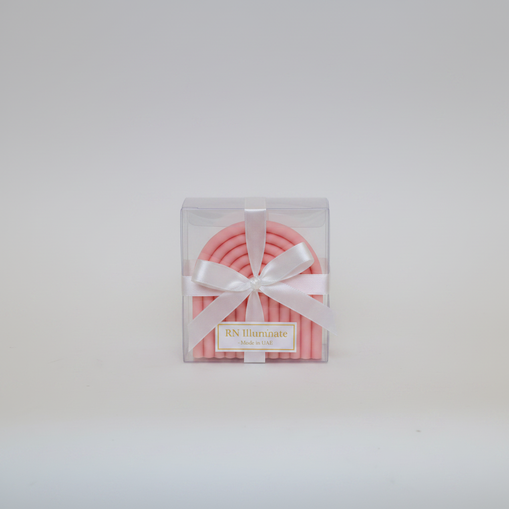 Small arch rainbow soy candle in clear gift box with satin ribbon and RN Illuminate label
