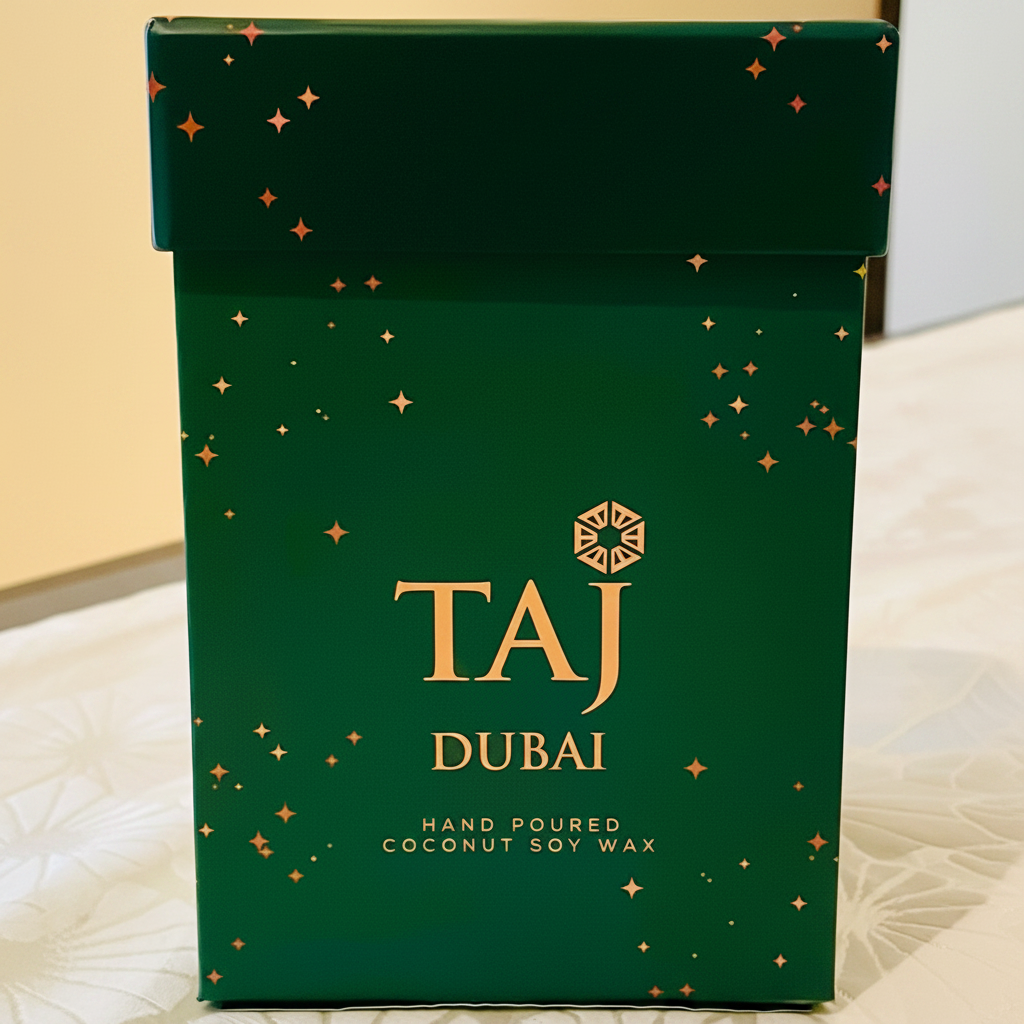 Dark green luxury candle box with gold branding on warm ivory background