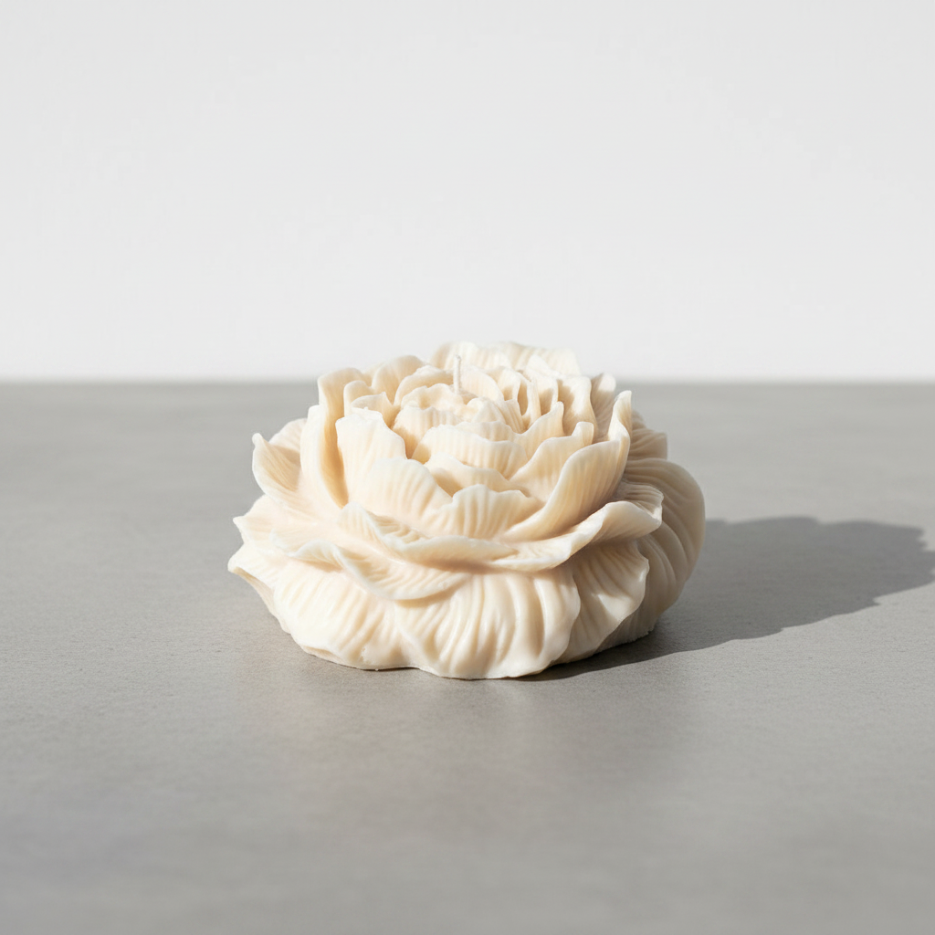 Peony flower candle on grey concrete surface with white wall background