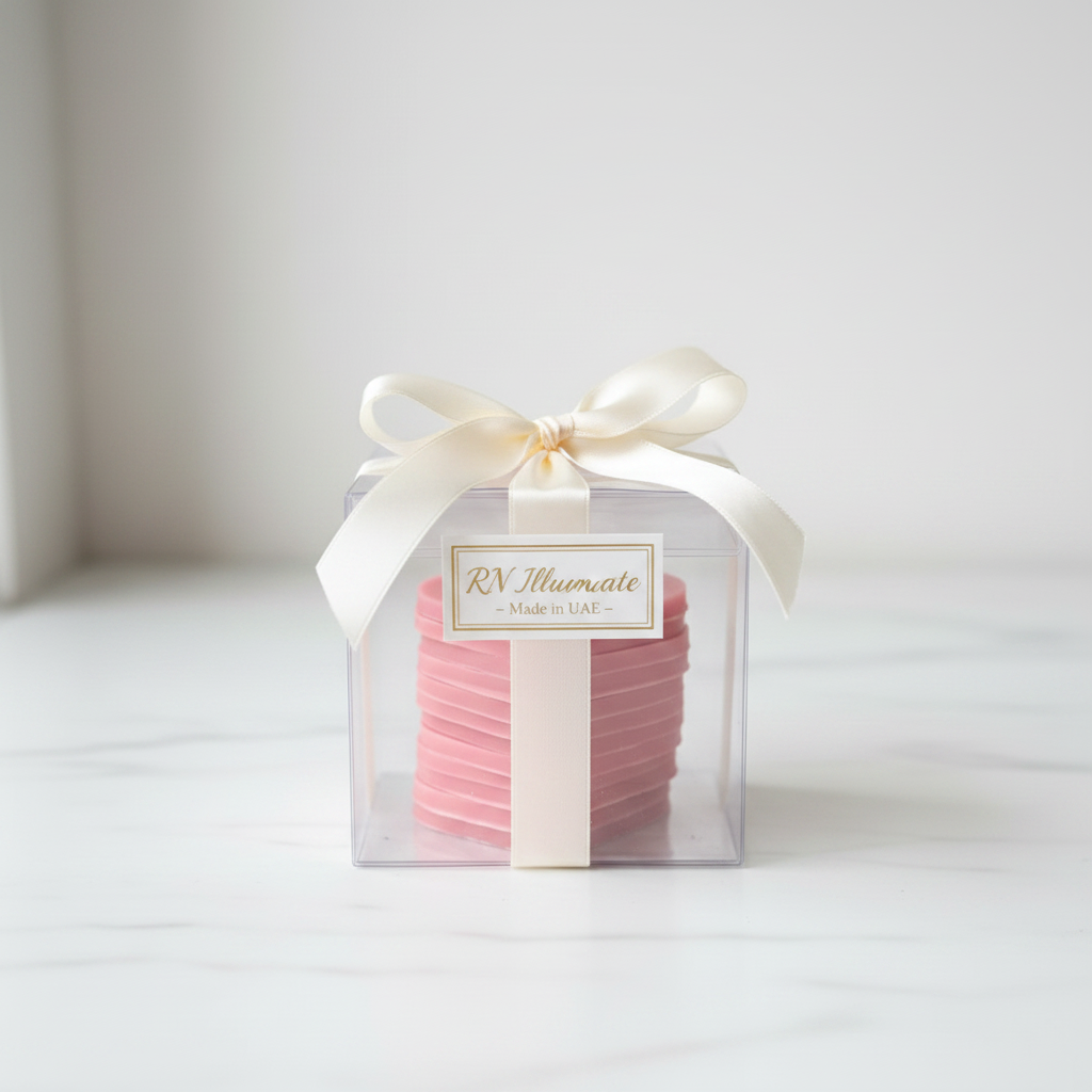 Layered heart beeswax candle in clear gift box with satin ribbon and RN Illuminate label