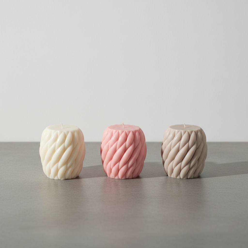 Twisted rope soy pillar candle on grey concrete surface with white wall background