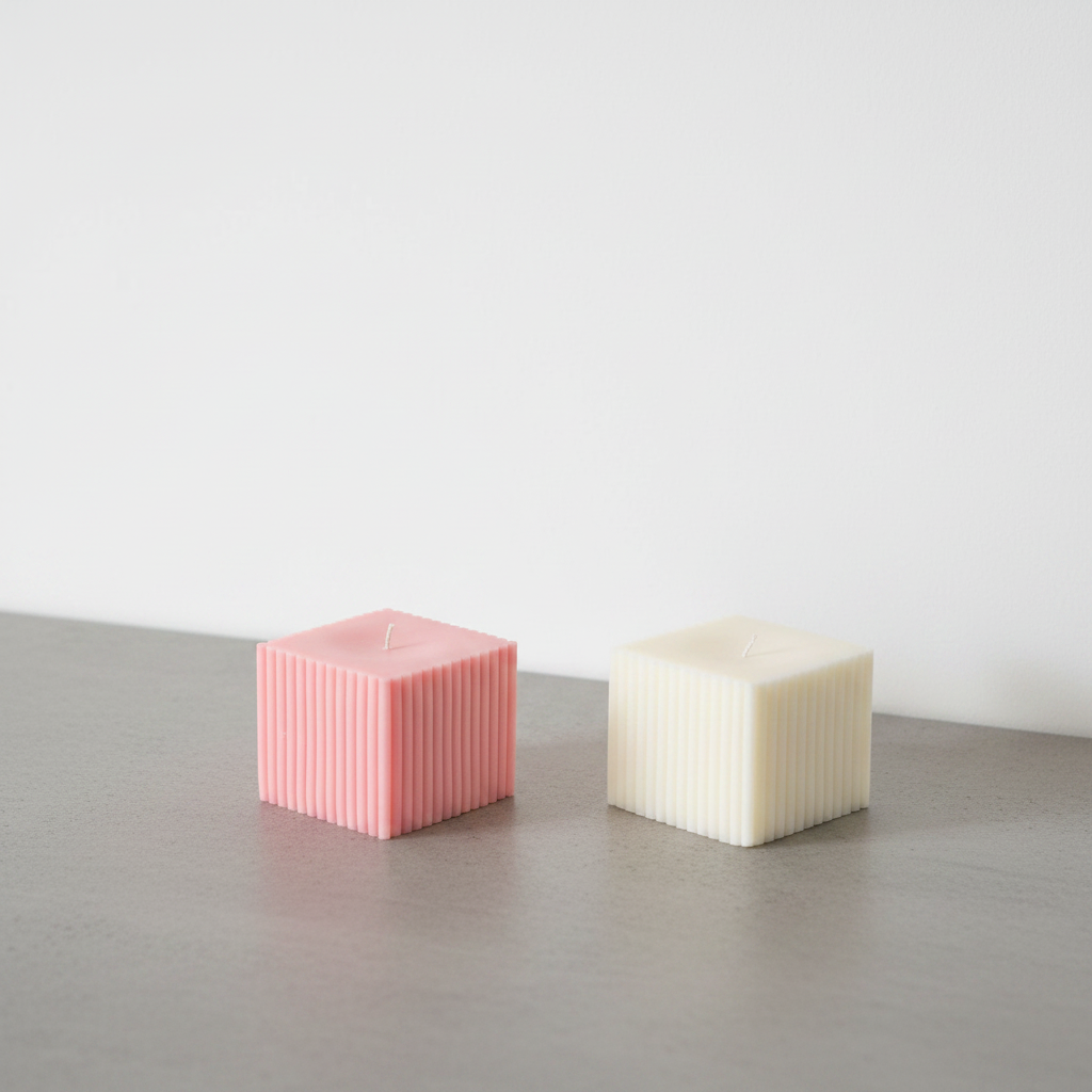 Ribbed soy cube candle on grey concrete surface with white wall background