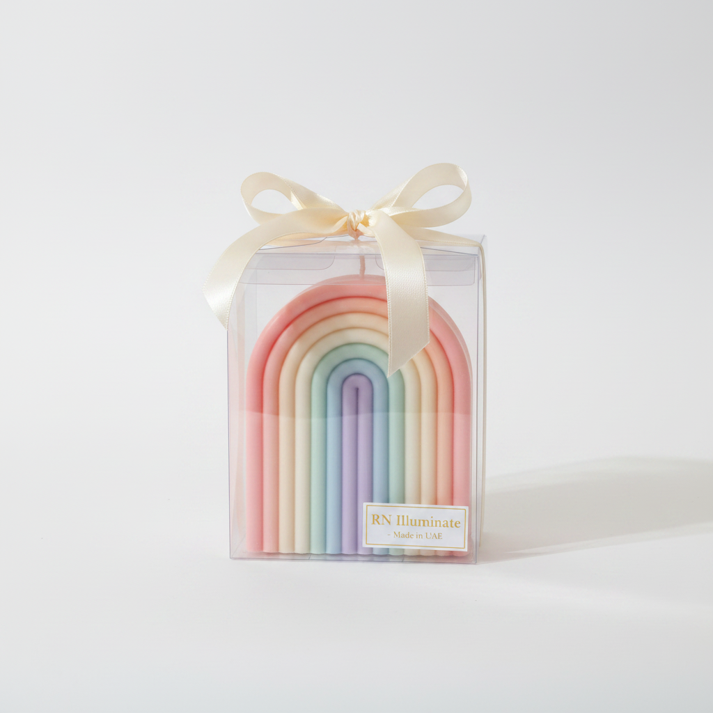 Large arch rainbow soy candle in clear gift box with satin ribbon and RN Illuminate label