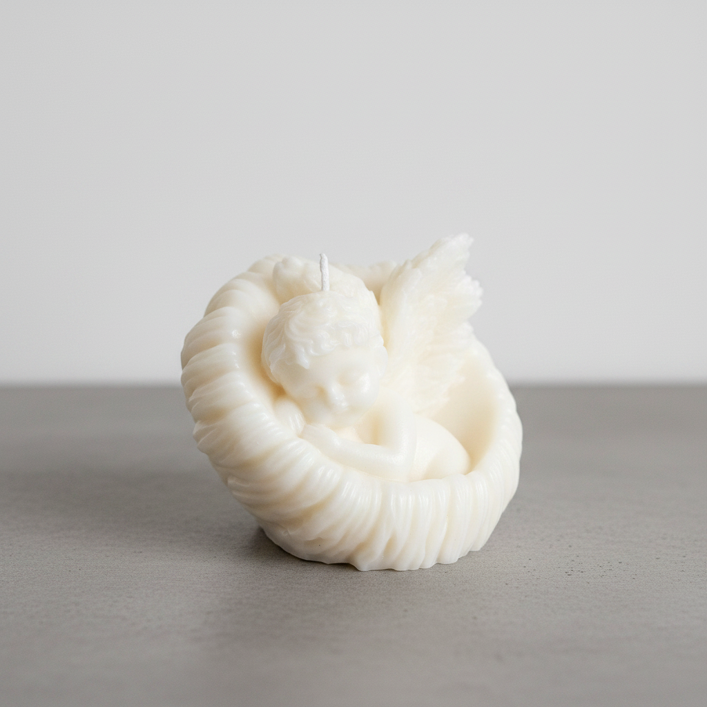 Angel candle on grey concrete surface with white wall background