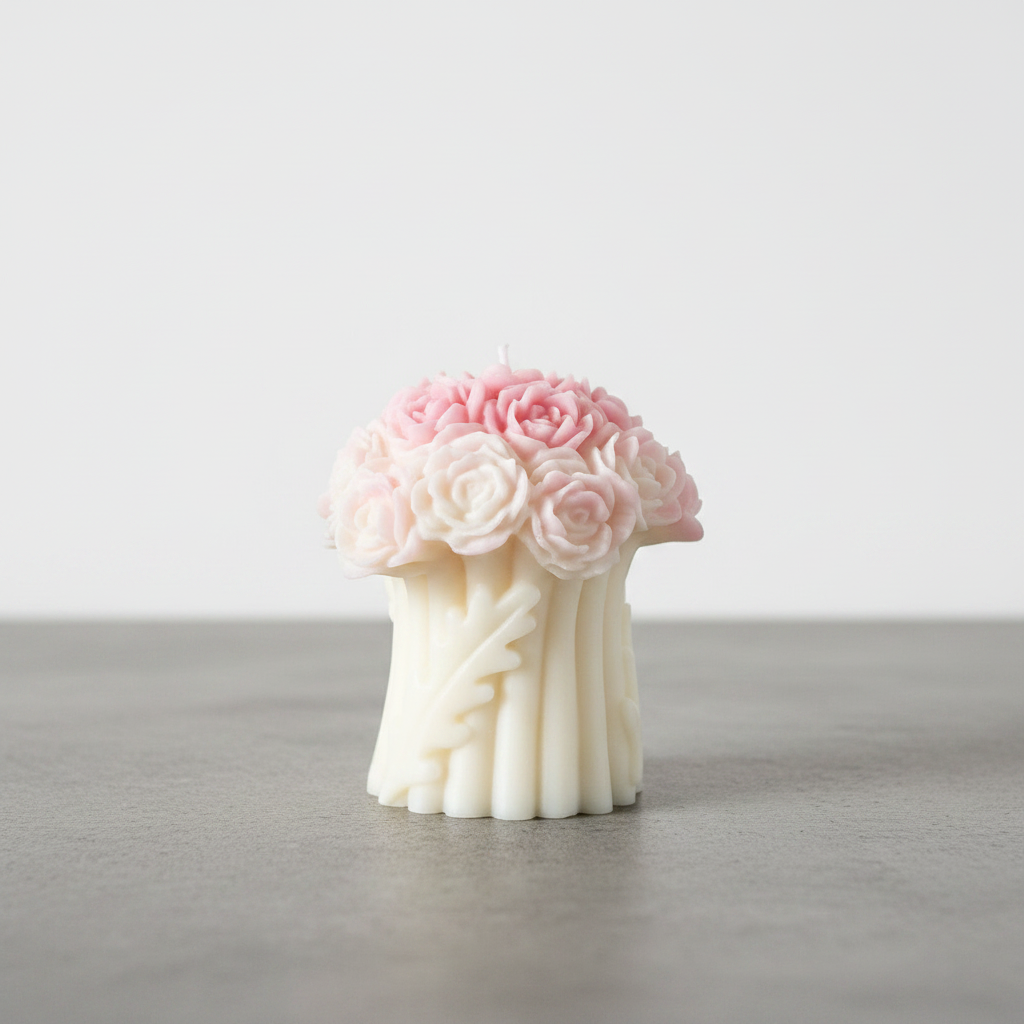 Floral bouquet soy candle on grey concrete surface with white wall background
