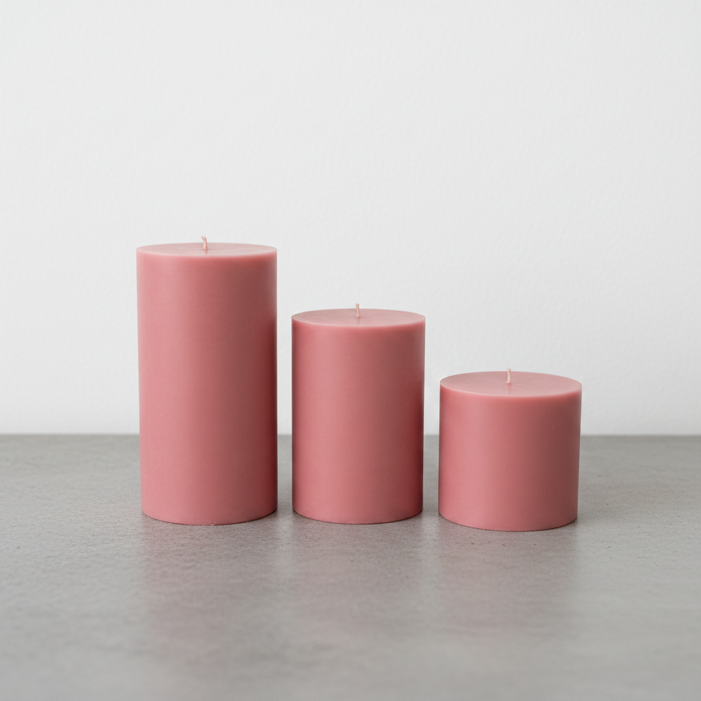 Pillar candle trio set on grey concrete surface with white wall background