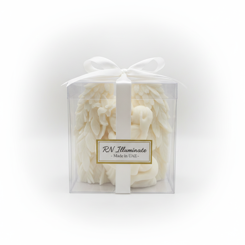 Guardian angel soy candle in clear gift box with satin ribbon and RN Illuminate label