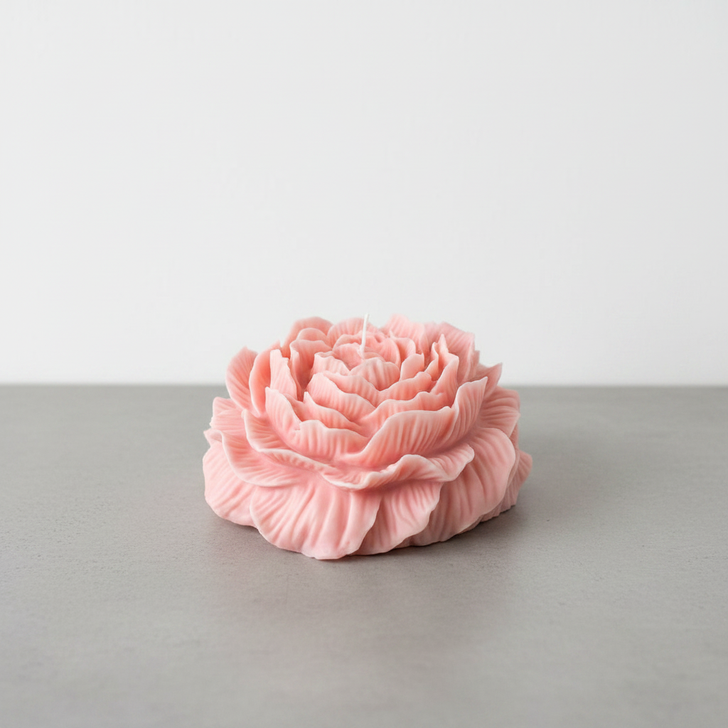 Blush pink peony flower candle on grey concrete surface with white wall background