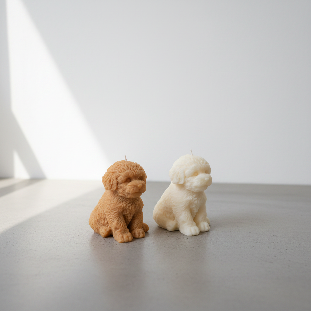 Puppy candle on grey concrete surface with white wall background
