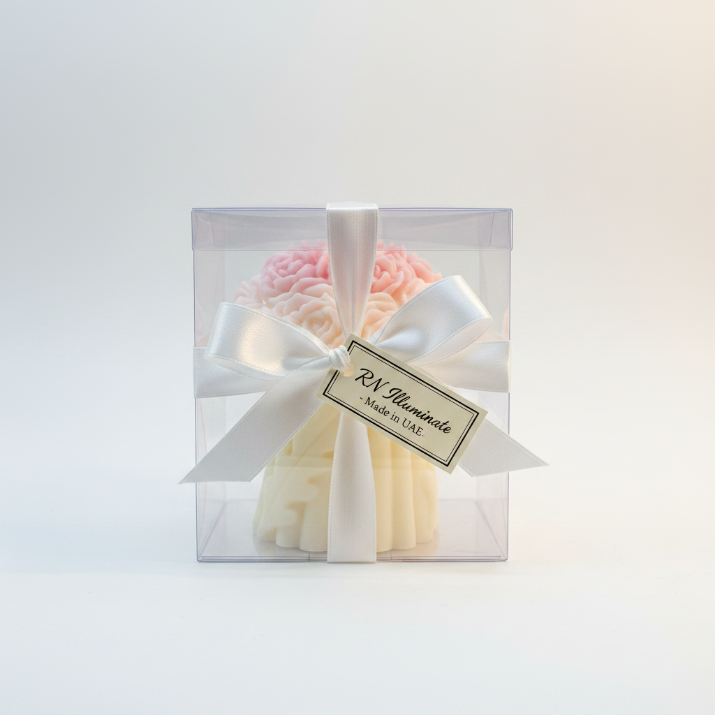 Floral bouquet soy candle in clear gift box with satin ribbon and RN Illuminate label