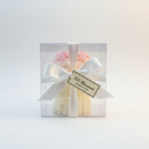 Floral bouquet soy candle in clear gift box with satin ribbon and RN Illuminate label