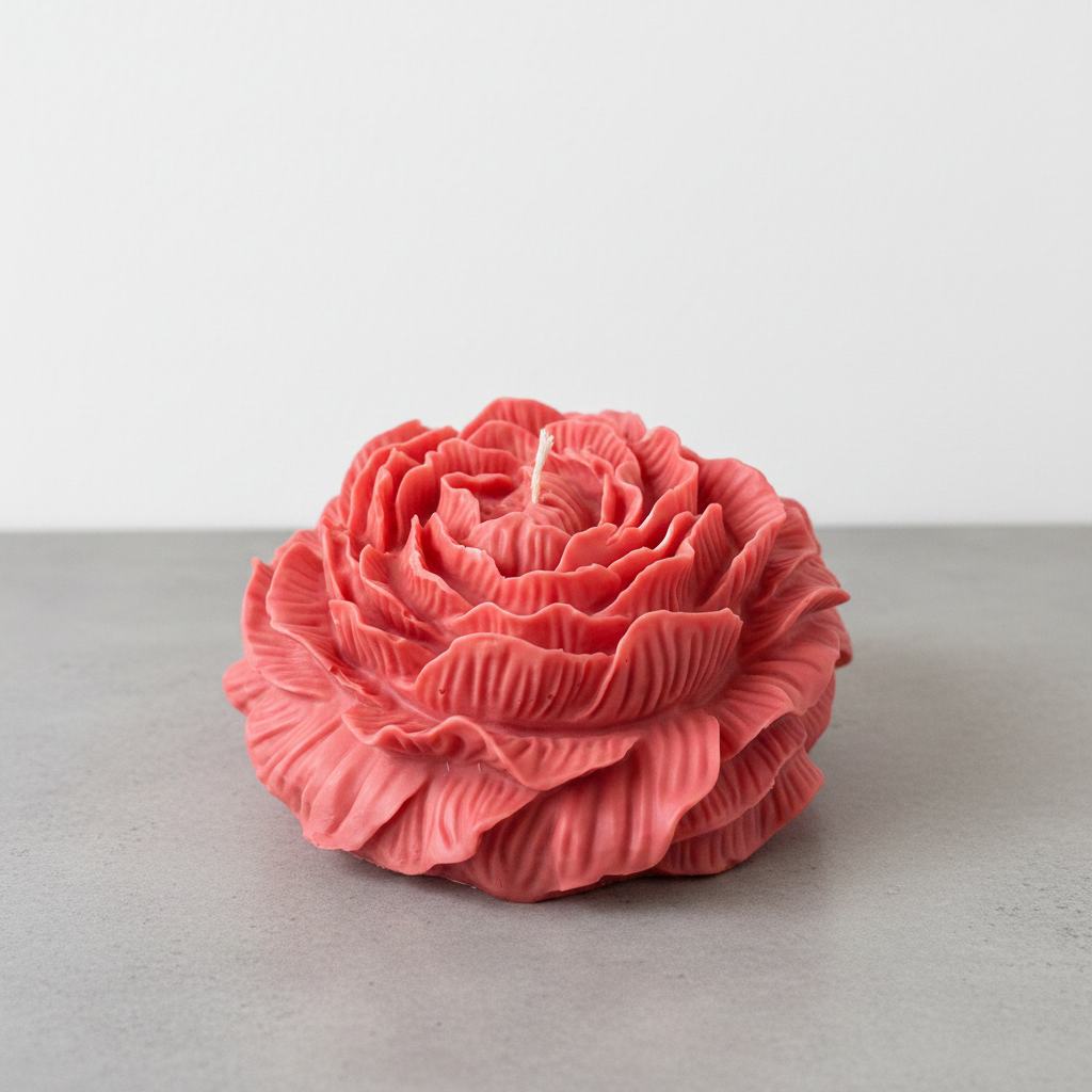 Coral red peony flower candle on grey concrete surface with white wall background