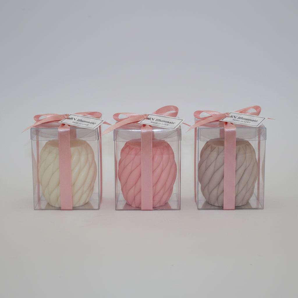 Twisted rope soy pillar candle in clear gift box with satin ribbon and RN Illuminate label