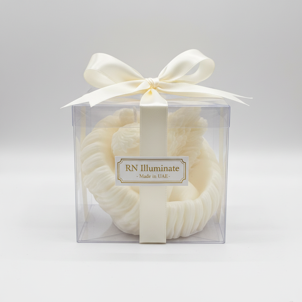 Angel soy candle in clear gift box with satin ribbon and RN Illuminate label