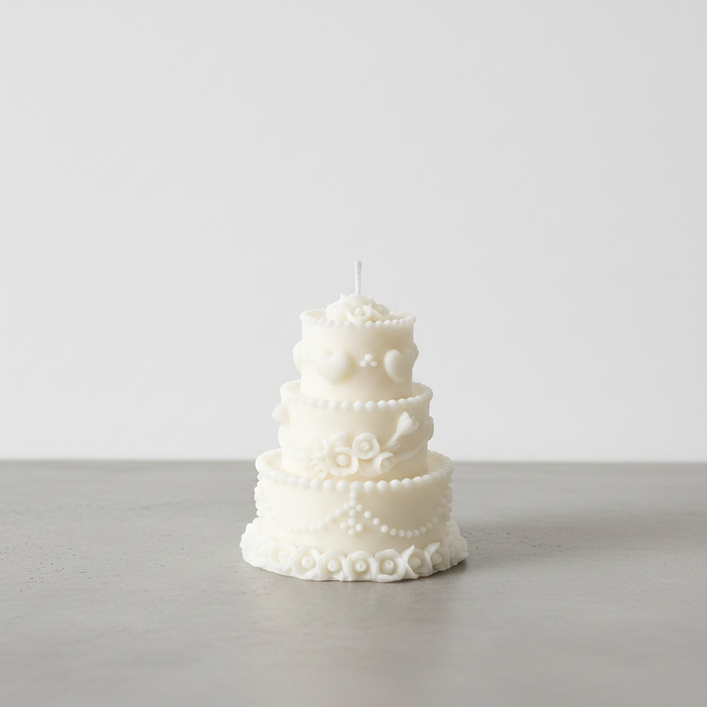 Wedding cake soy candle on grey concrete surface with white wall background