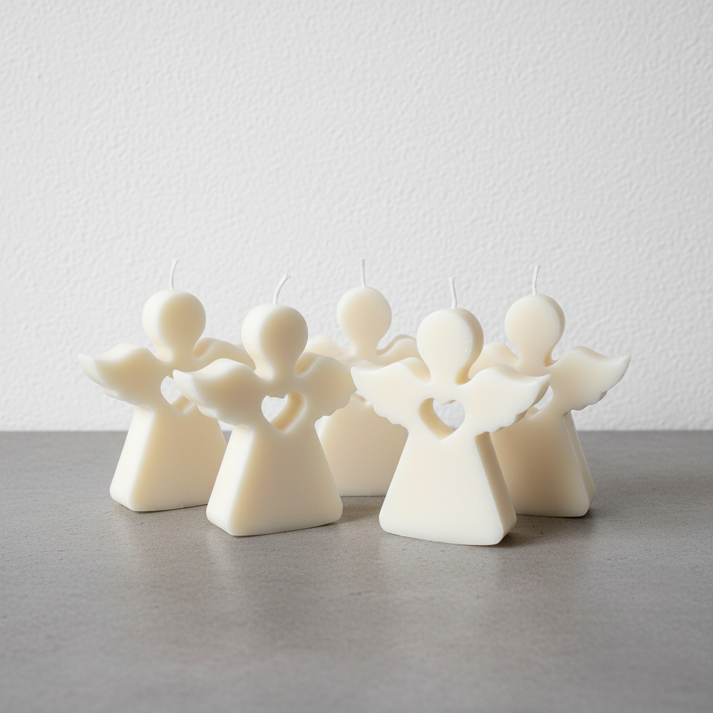 Angel candle collection on grey concrete surface with white wall background