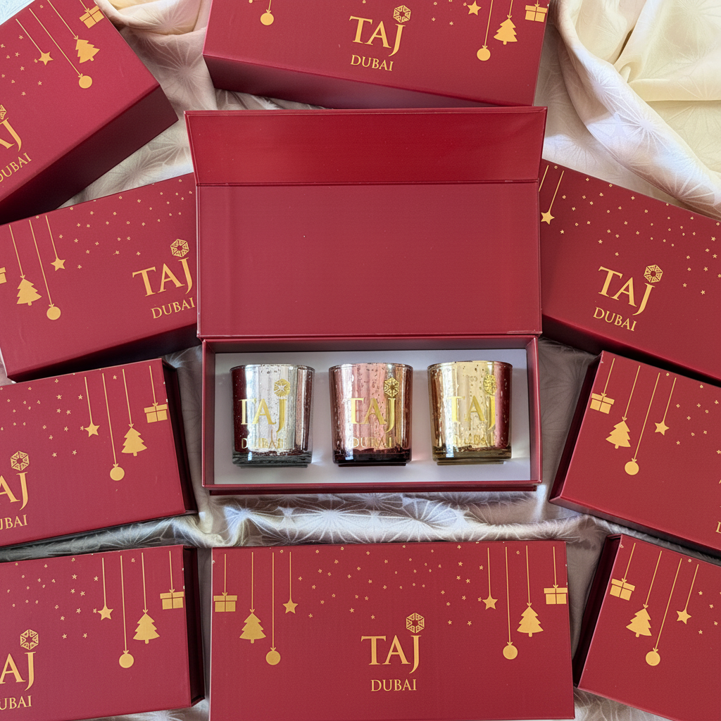 Red luxury candle gift set with branded boxes on warm ivory background